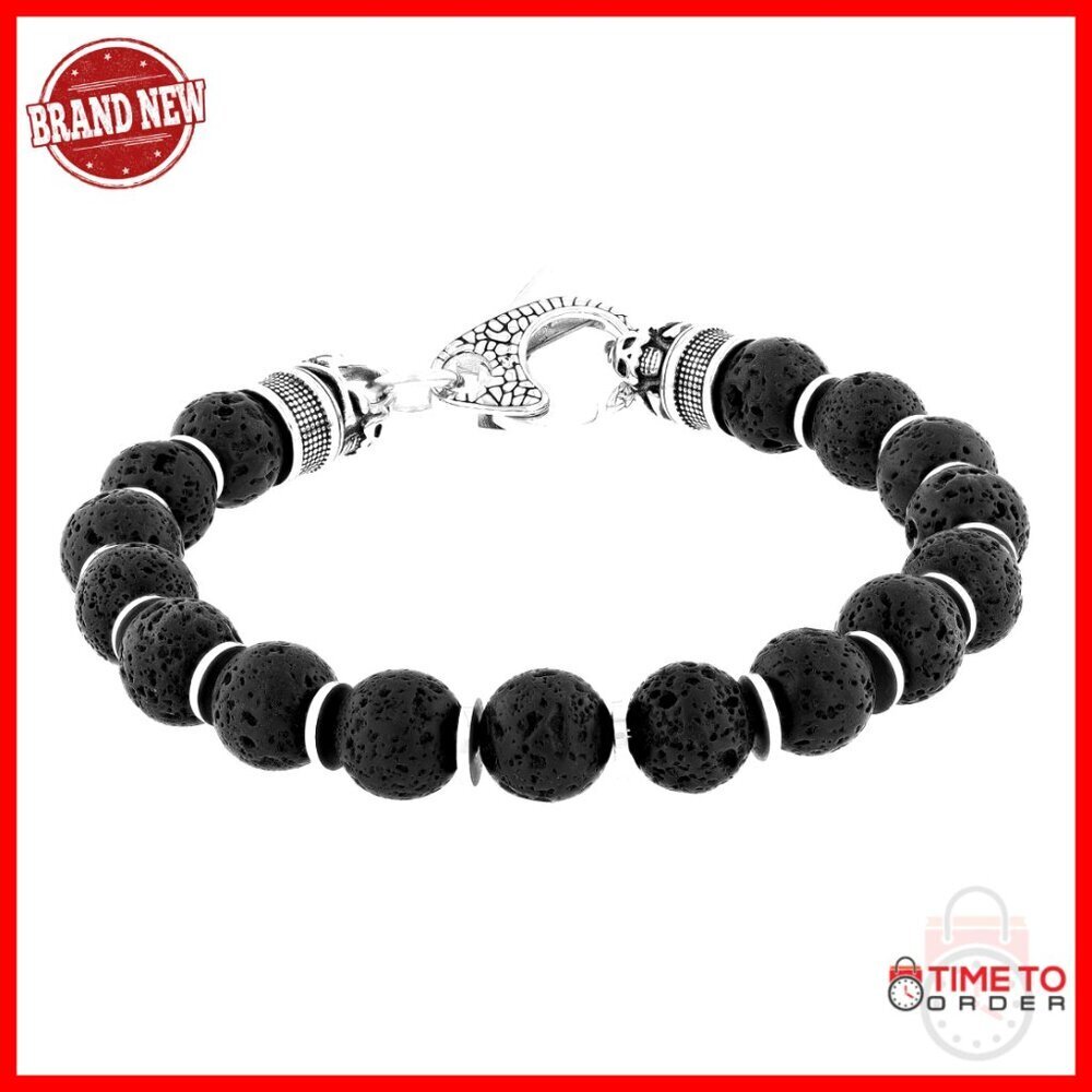 Men's Stainless Steel Lava Rock Bead Bracelet 9" Lobster Clasp